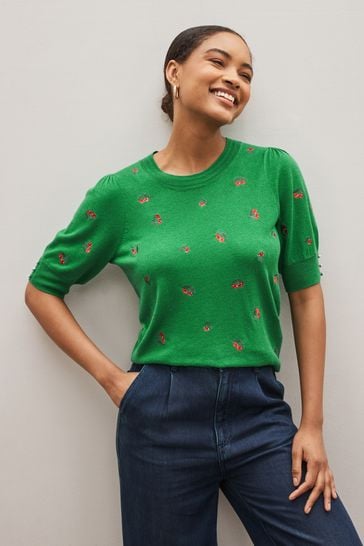 Bright Green Cherry Gem Embroidery Detail Short Sleeve Knit Top