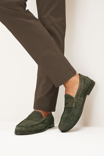 Khaki Green Suede Penny Loafers