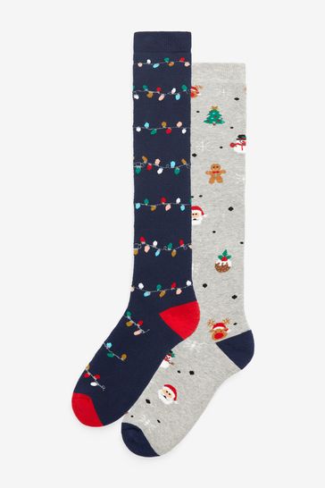 Navy/Grey Christmas Knee High Welly Socks 2 Pack