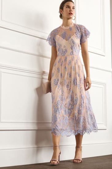 Buy Light Blue Peach Pink Floral Lace High Neck Short Sleeve Midi Dress from Next Luxembourg