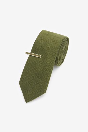 Khaki Green Slim Textured Tie And Tie Clip Set