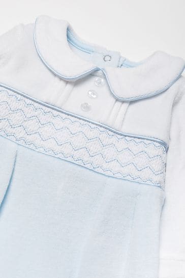 Rock A Bye Baby Boutique Blue Velour Smocking Detail Sleepsuit