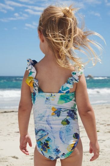 Buy Blue White Floral Ruched Sleeves Swimsuit 3mths 12yrs from