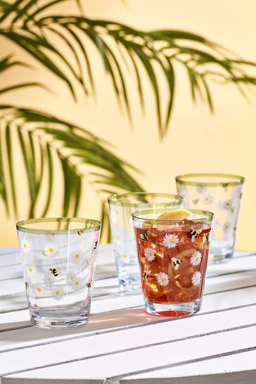 Clear Bee & Daisy Plastic Drinkware Set of 4 Tumbler Glasses
