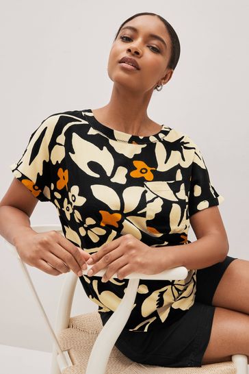 Buy Black Ecru White Floral Short Sleeve Curved Hem T Shirt from