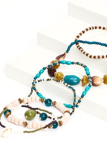 Multicoloured Beaded And Shell Stretch Bracelet Pack