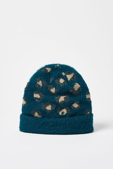 Oliver Bonas Teal Green Fluffy Animal Print Beanie Hat