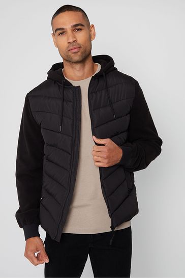 Threadbare Black Padded Contrast Sleeve Hooded Jacket