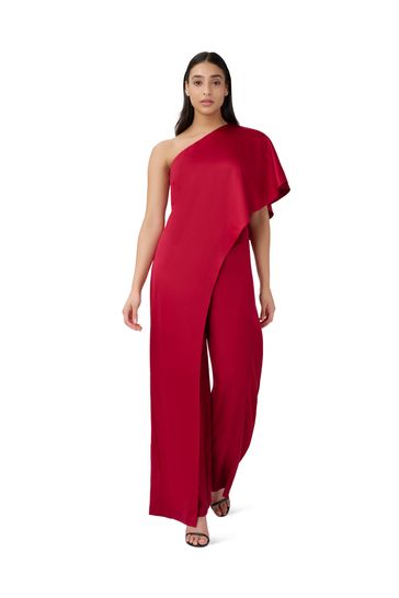 Adrianna Papell Red Satin Crepe One-Shoulder Jumpsuit