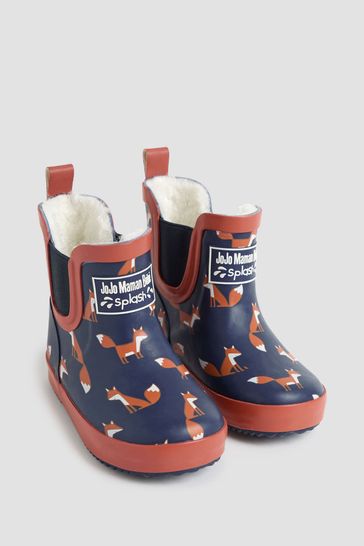 JoJo Maman Bébé Navy Cosy Lined Fox Print Ankle Wellies