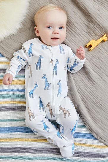 JoJo Maman Bébé Blue Giraffe Print Zip Cotton Baby Sleepsuit