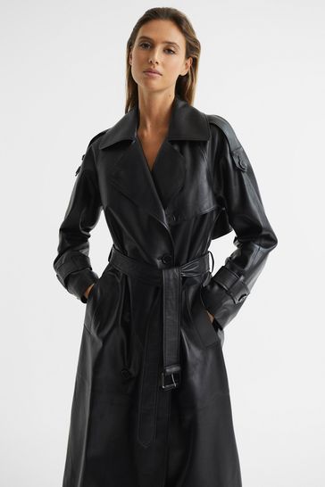 Reiss Black Maya Leather Trench Coat