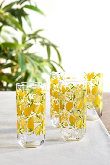 Yellow Lemon Print Set of 4 Tall Tumbler Glasses