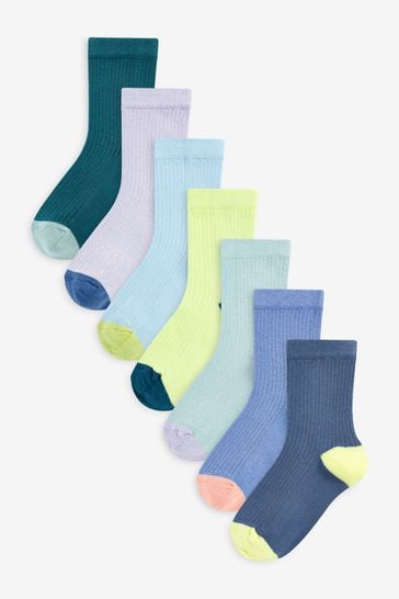 Blue/Teal Cotton Rich Fine Rib Socks 7 Pack