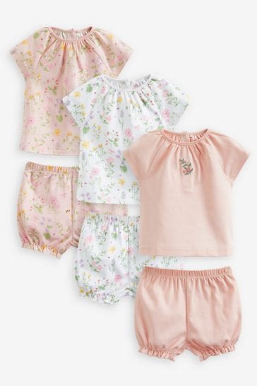 Pale Pink Floral 6 Piece Baby T-Shirts And Shorts Set
