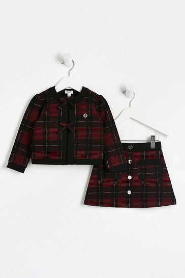 River Island Red Check Cardigan And Skirt Set