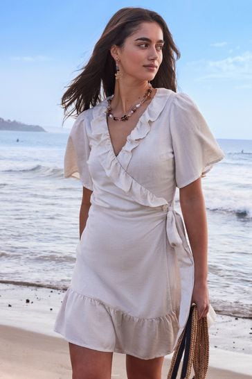 Natural Beige Natural Beige Midi Wrap Summer Dress with Linen