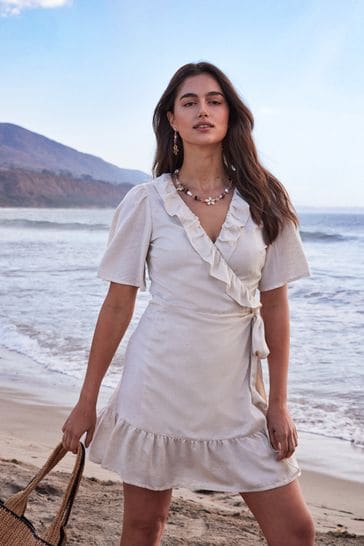 Natural Beige Natural Beige Midi Wrap Summer Dress with Linen