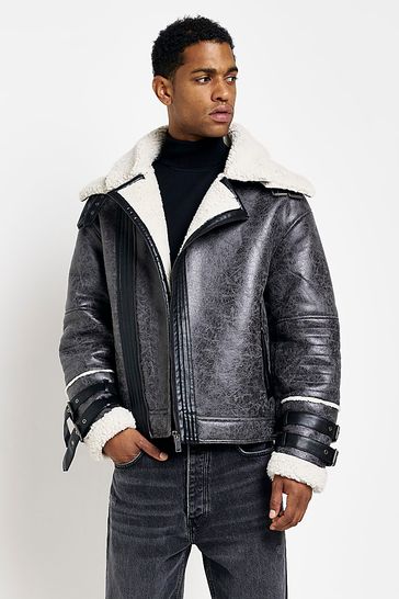 River Island Grey Crackle Shearling Aviator Jacket