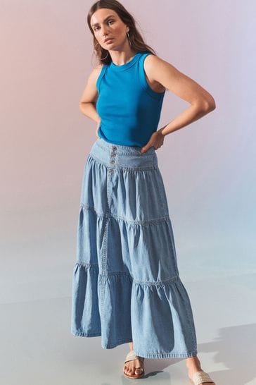 Mid Blue Tiered Maxi Denim Skirt