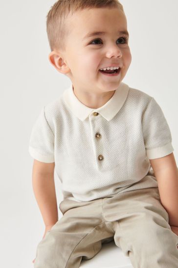 Buy Ecru Cream Knitted Textured Short Sleeve Polo Shirt 3mths