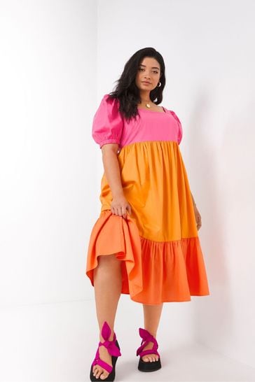 Simply Be Orange Multi Tirred Midi Poplin Dress