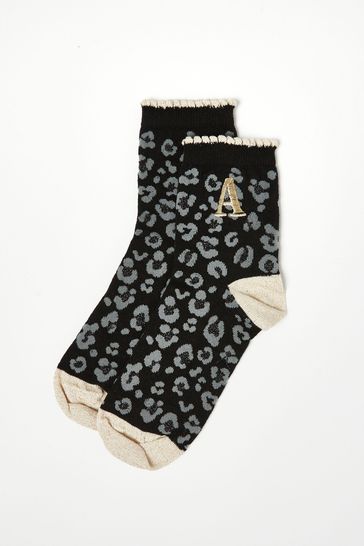 Oliver Bonas Alphabet Initial Animal Print Black Ankle Socks
