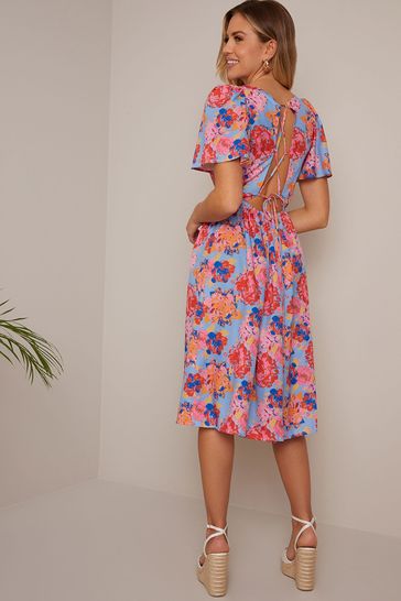 Chi Chi London Blue Petite Square Neck Floral Midi Dress