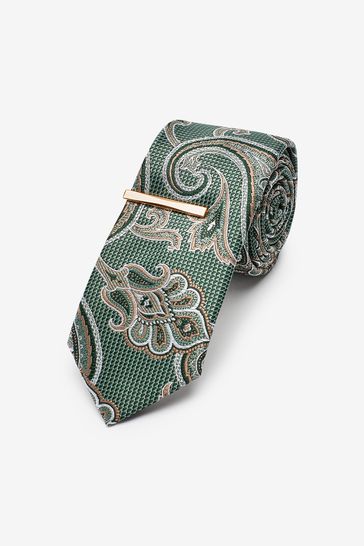 Green Paisley Slim Pattern Tie With Tie Clip