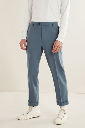 Blue Wide Leg Plain Front Formal Trousers