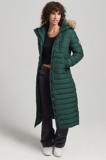 Superdry Green Faux Fur Hooded Longline Light Padded Puffer Coat