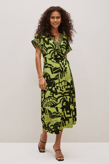 Khaki Green Scenic V-Neck Wrap Short Sleeve Trim Midi Dress