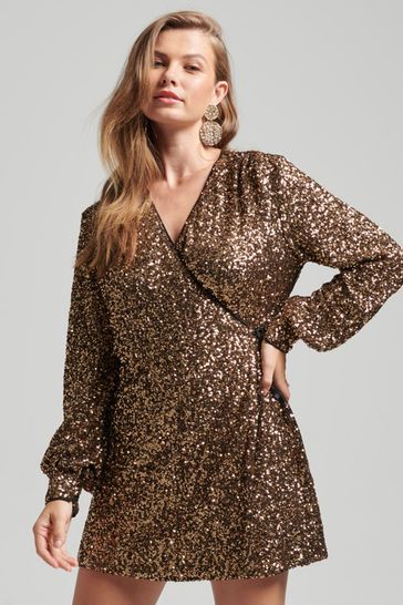 Superdry Gold Sleeved Sequin Wrap Mini Dress
