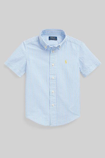 Polo Ralph Lauren Boys Blue Short Sleeved Seersucker Logo Shirt