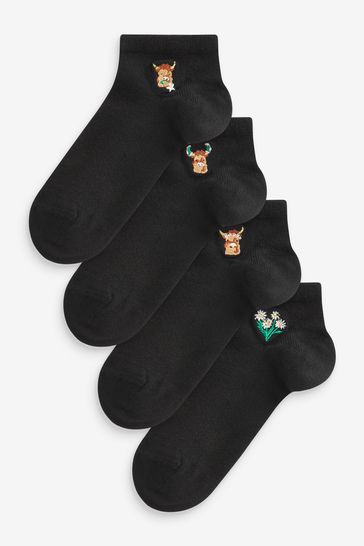 Black Embroidered Hamish The Highland Cow Motif Trainer Socks 4 Pack