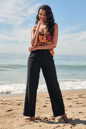 Black linen wide leg trousers online