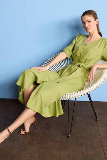 Buy Lime Green Linen Button Through Summer Midi Dress from Next Luxembourg