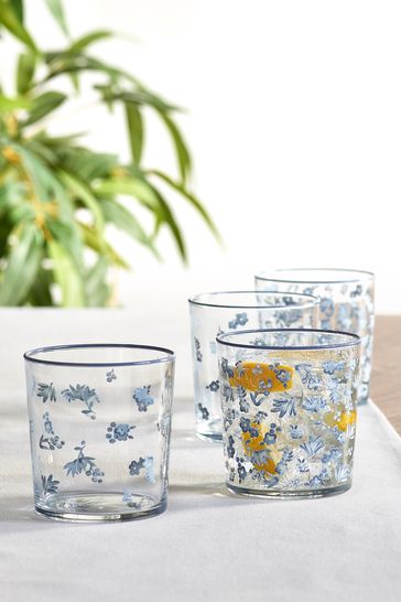 Blue Cordelia Floral Set of 4 Short Tumbler Glasses