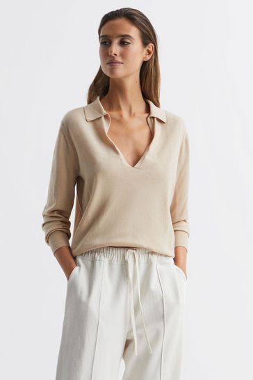 Reiss Camel Nellie Knitted Collared V-Neck Top