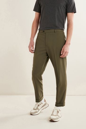 Khaki Green Wide Leg Plain Front Formal Trousers