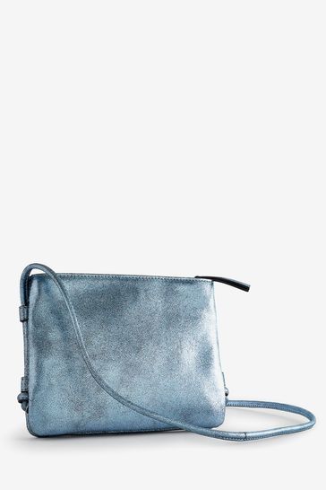 Metallic Blue Small Leather Cross-Body Bag