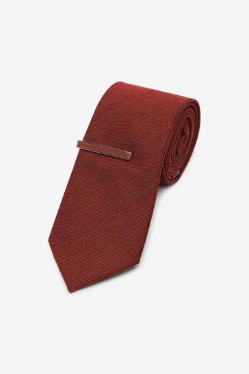Rust Brown Slim Textured Tie With Tie Clip