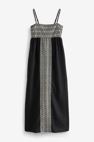 Buy Black Cream Embroidered Maxi Summer Dress With Linen from the