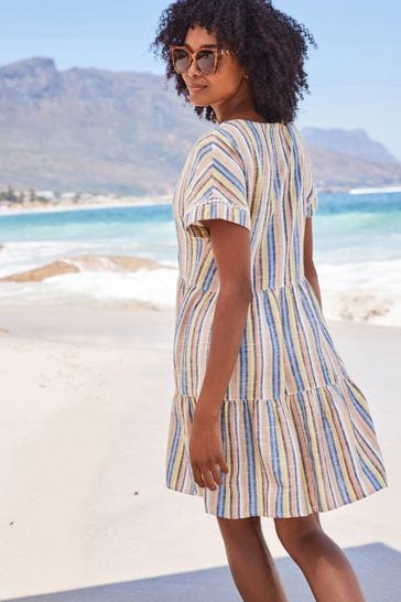 Buy Multi Stripe Linen Blend Tiered Mini Dress from Next Lithuania