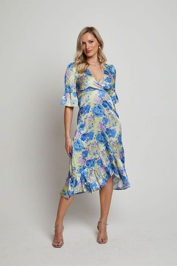 Chi Chi London Yellow Tie Front Floral Print Midi Dress