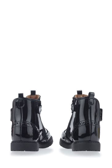 Black patent top zip front boots