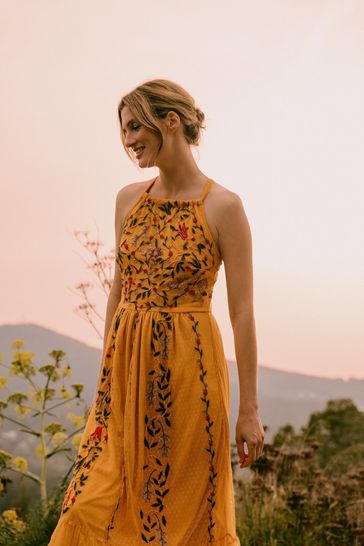 Monsoon Yellow Harlow Halter Embroidered Dress