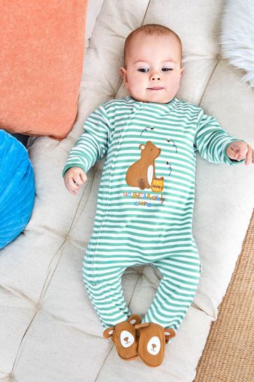 JoJo Maman Bébé Green Stripe Bear Appliqué Zip Cotton Baby Sleepsuit