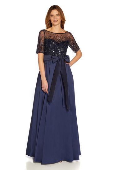Adrianna Papell Blue Beaded Mesh And Taffeta Gown
