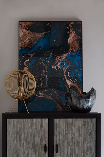 Libra Blue/Black Framed Art With Marbled Swirls